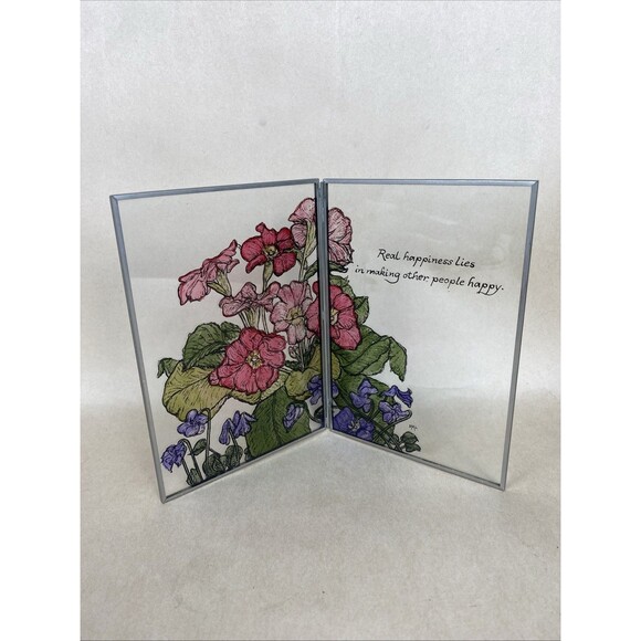 Rare Vintage Hand Painted Floral Stained Glass Folding Panel Art Deco Signed DML - Picture 1 of 7